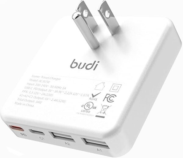 Cargador de Pared USB C 34W BUDI  – 4 Puertos de Carga Rápida